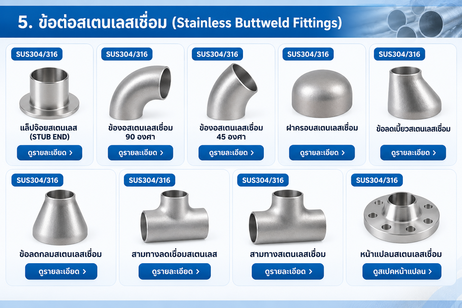 ข้อต่อสเตนเลสเชื่อม Stainless Buttweld Fittings